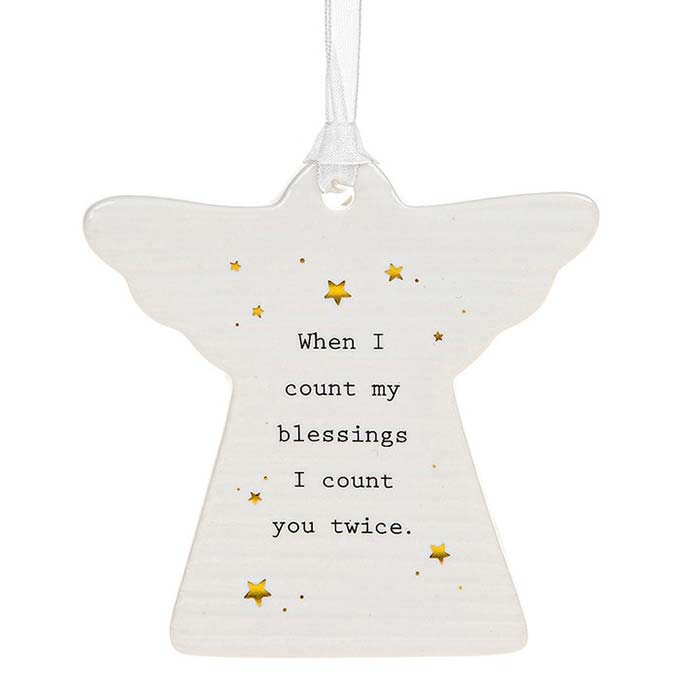 Ivory coloured shaped angel blessings hanging plaque with gold foil detailing with black caption: When I count my blessings I count you twice
