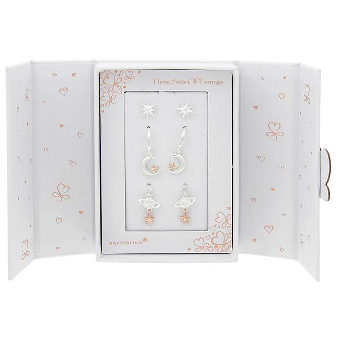 3 Earrings Silver Plated/Rose Gold Plated Stars Gift Set