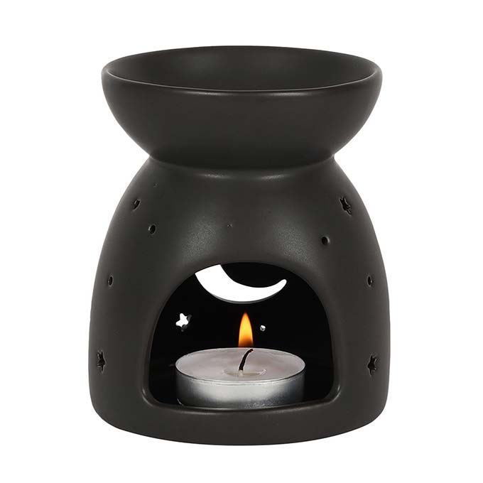 
                  
                    Black Mystical Moon Cut Out Oil Burner with tealight lit
                  
                
