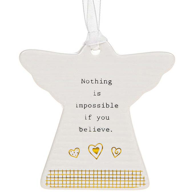  Ivory coloured shaped angel Joy hanging plaque with gold foil detailing with black caption: Nothing is impossible if you believe