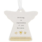  Ivory coloured shaped angel Joy hanging plaque with gold foil detailing with black caption: Nothing is impossible if you believe