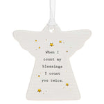 Ivory coloured shaped angel blessings hanging plaque with gold foil detailing with black caption: When I count my blessings I count you twice