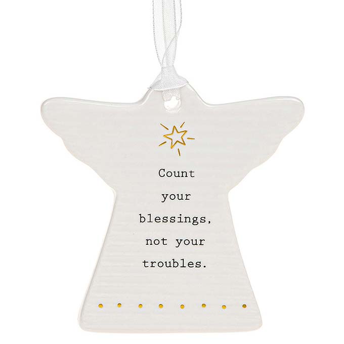 Ivory coloured shaped angel Joy hanging plaque with gold foil detailing with black caption:Count your blessings, not your troubles