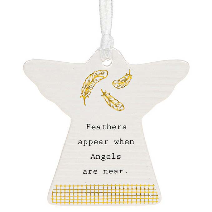 Ivory coloured shaped angel protect hanging plaque with gold foil detailing with black caption: Feathers appear when Angels are near