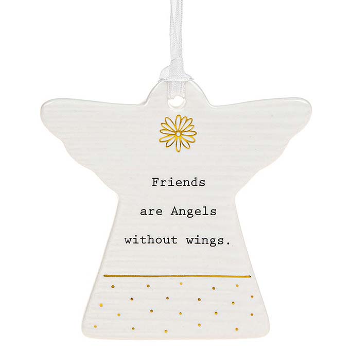 Ivory coloured shaped angel friends hanging plaque with gold foil detailing with black caption: Friends are Angels without wings