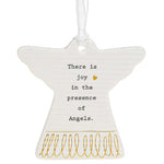 Ivory coloured shaped angel Joy hanging plaque with gold foil detailing with black caption:There is joy in the presence of Angels