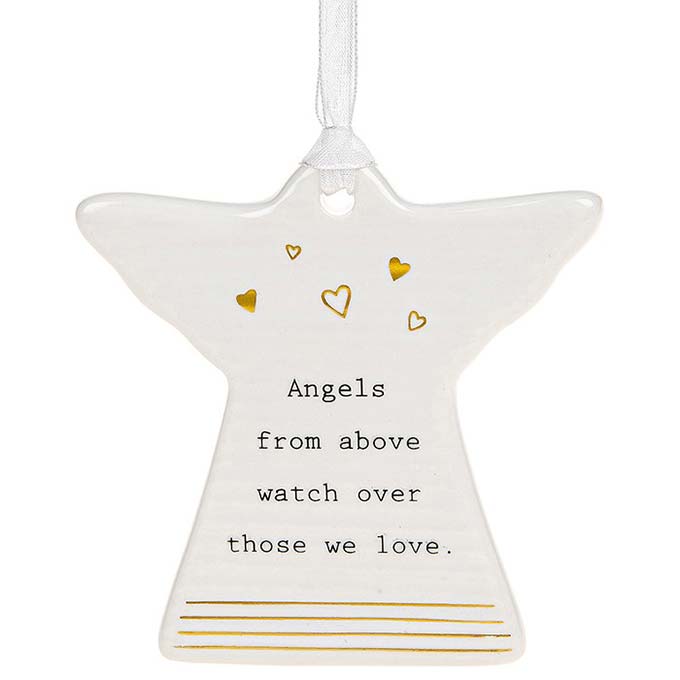  Ivory coloured shaped angel Love hanging plaque with gold foil detailing with black caption:Angels from above watch over those we love
