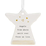  Ivory coloured shaped angel Love hanging plaque with gold foil detailing with black caption:Angels from above watch over those we love