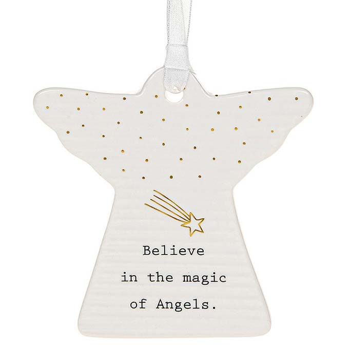 Ivory coloured shaped angel magic hanging plaque with gold foil detailing with black caption: Believe in the magic of Angels