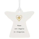 Ivory coloured shaped angel mum hanging plaque with gold foil detailing with black caption: May the angels protect you by day and by night