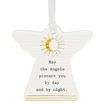 Ivory coloured shaped angel protect hanging plaque with gold foil detailing with black caption: May the angels protect you by day and by night