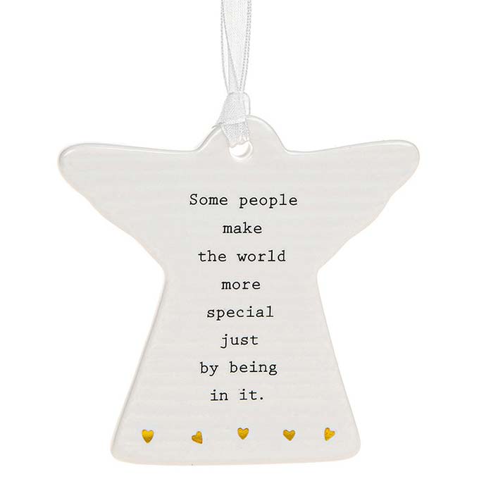 Ivory coloured shaped angel world hanging plaque with gold foil detailing with black caption: Some people make the world more special just by being in it