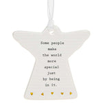 Ivory coloured shaped angel world hanging plaque with gold foil detailing with black caption: Some people make the world more special just by being in it