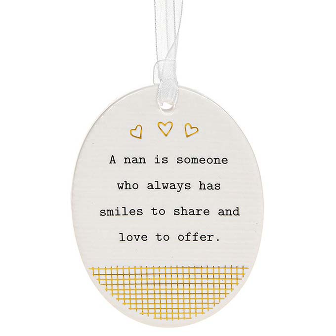 Thoughtful Words Oval Nan Hanging Plaques with Black Caption: A nan is someone who always has smiles to share and love to offer