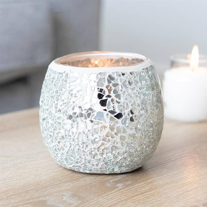 
                  
                    Large Silver Crackle Glass Candle Holder on table
                  
                